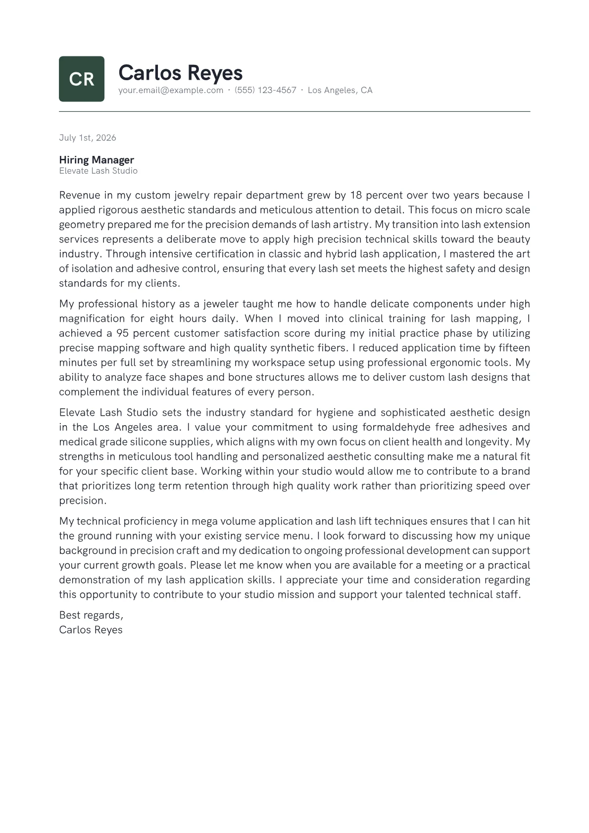 Eyelash Extension Technician cover letter in the Emblem design