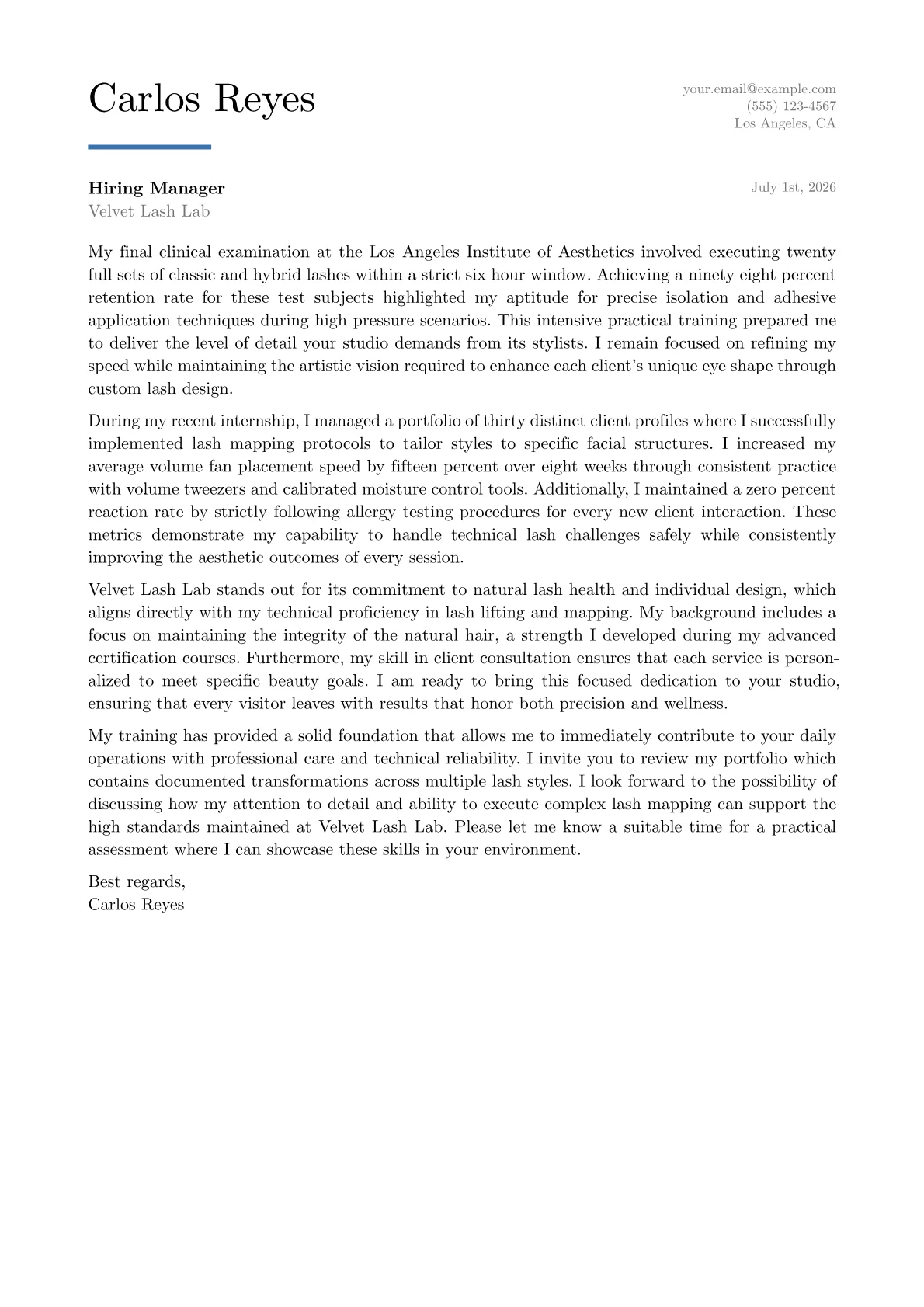 Eyelash Extension Technician cover letter in the Executive design