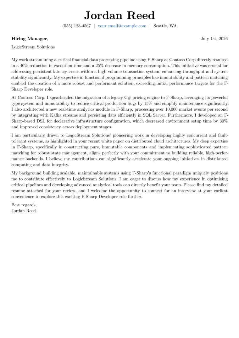 F-Sharp Developer cover letter example preview