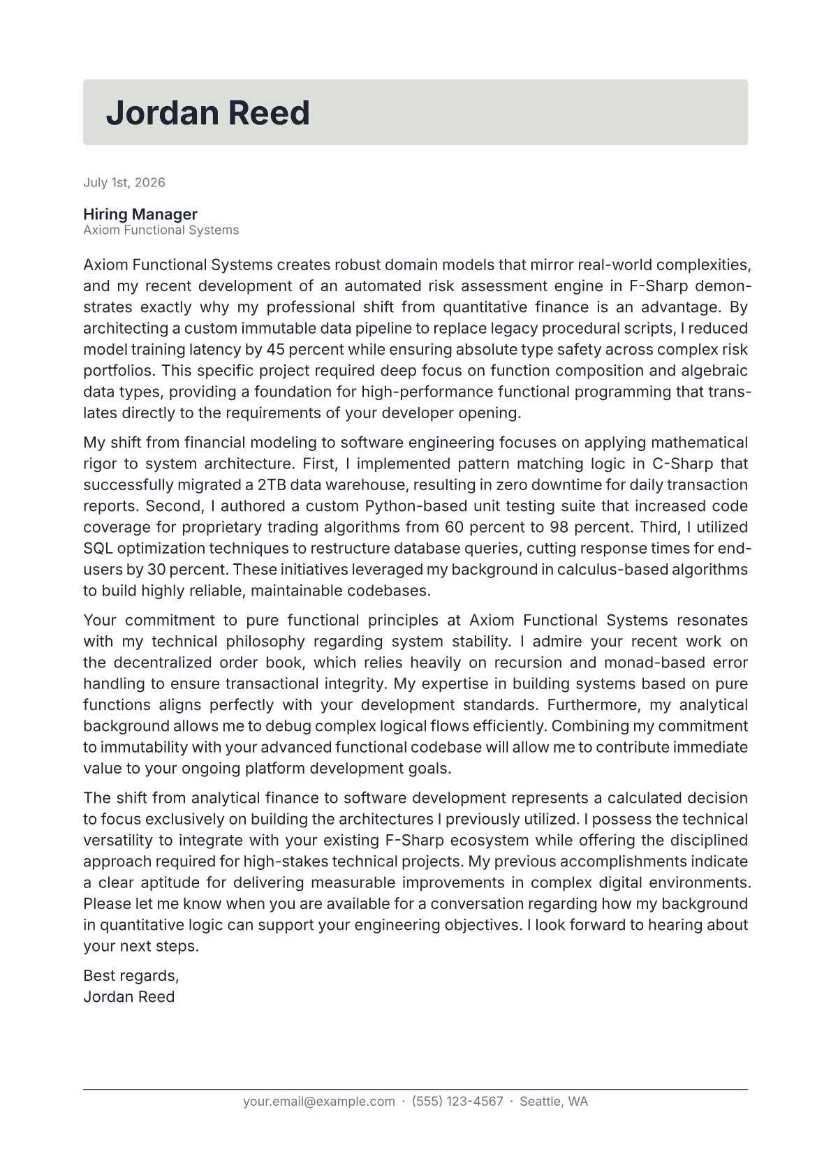 F-Sharp Developer cover letter in the Letterhead design