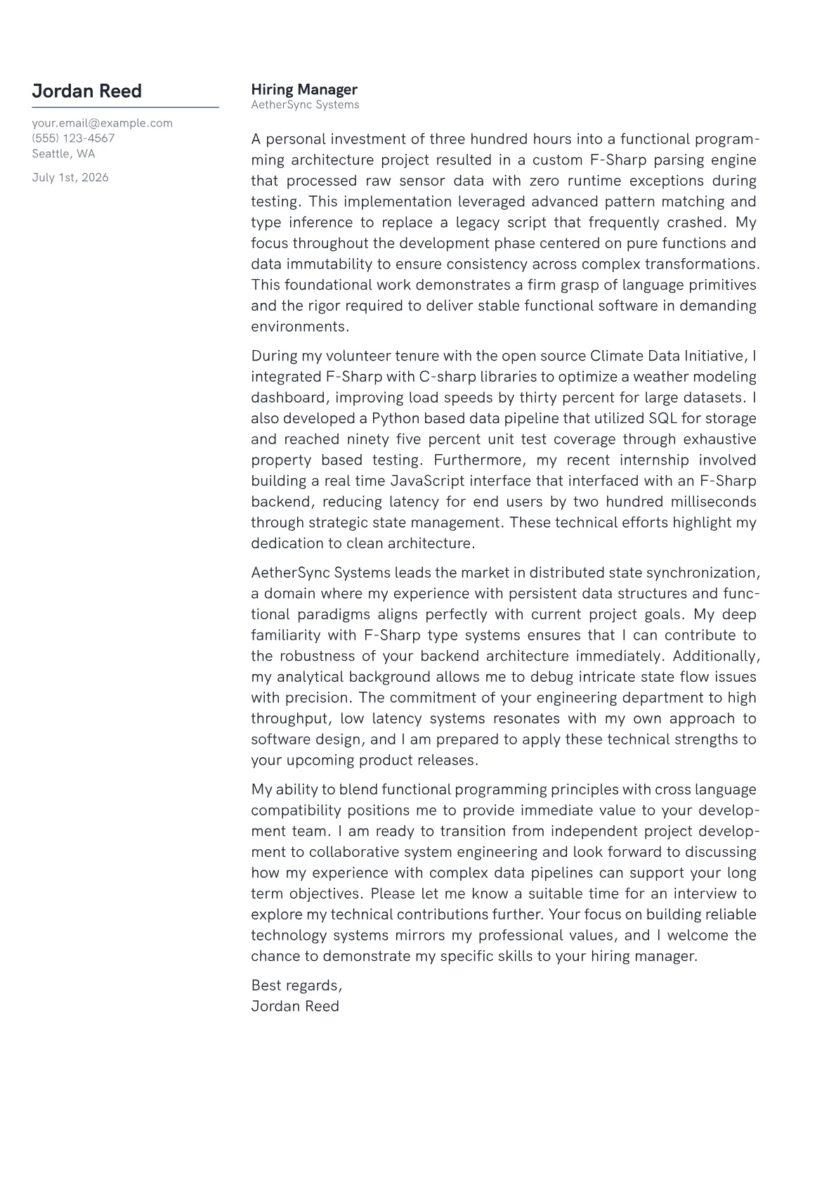 F-Sharp Developer cover letter in the Margin design