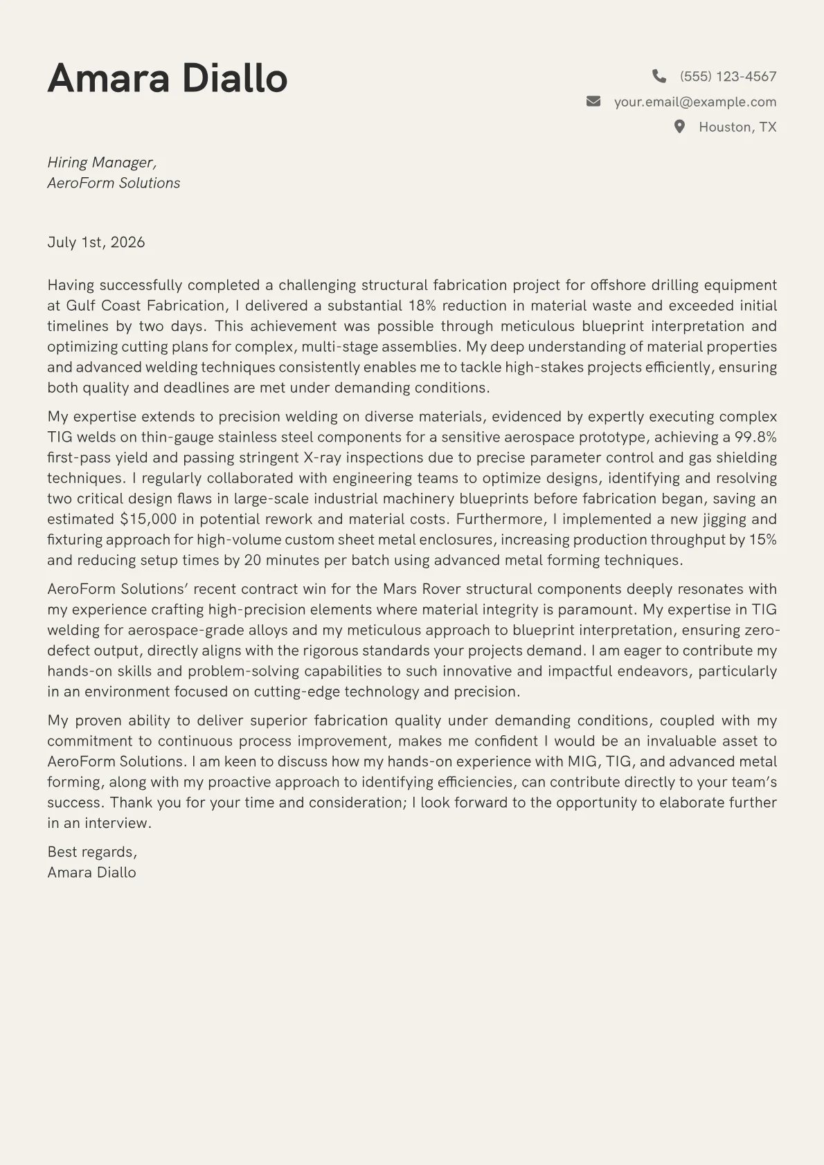 Fabricator cover letter formatted with a JobSprout template