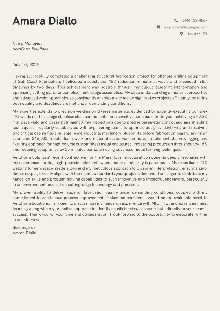 Fabricator cover letter example preview