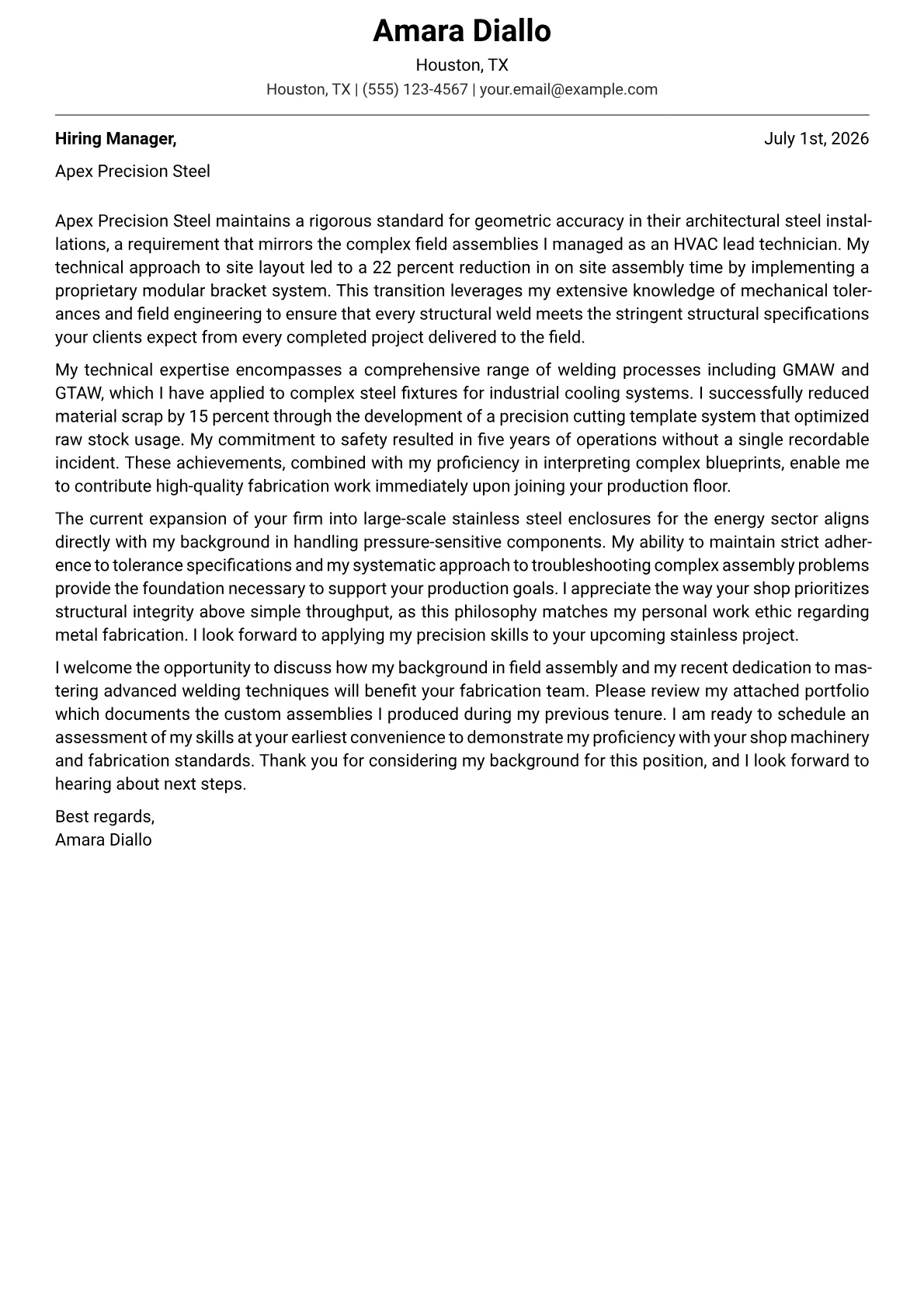 Fabricator cover letter in the Modern design