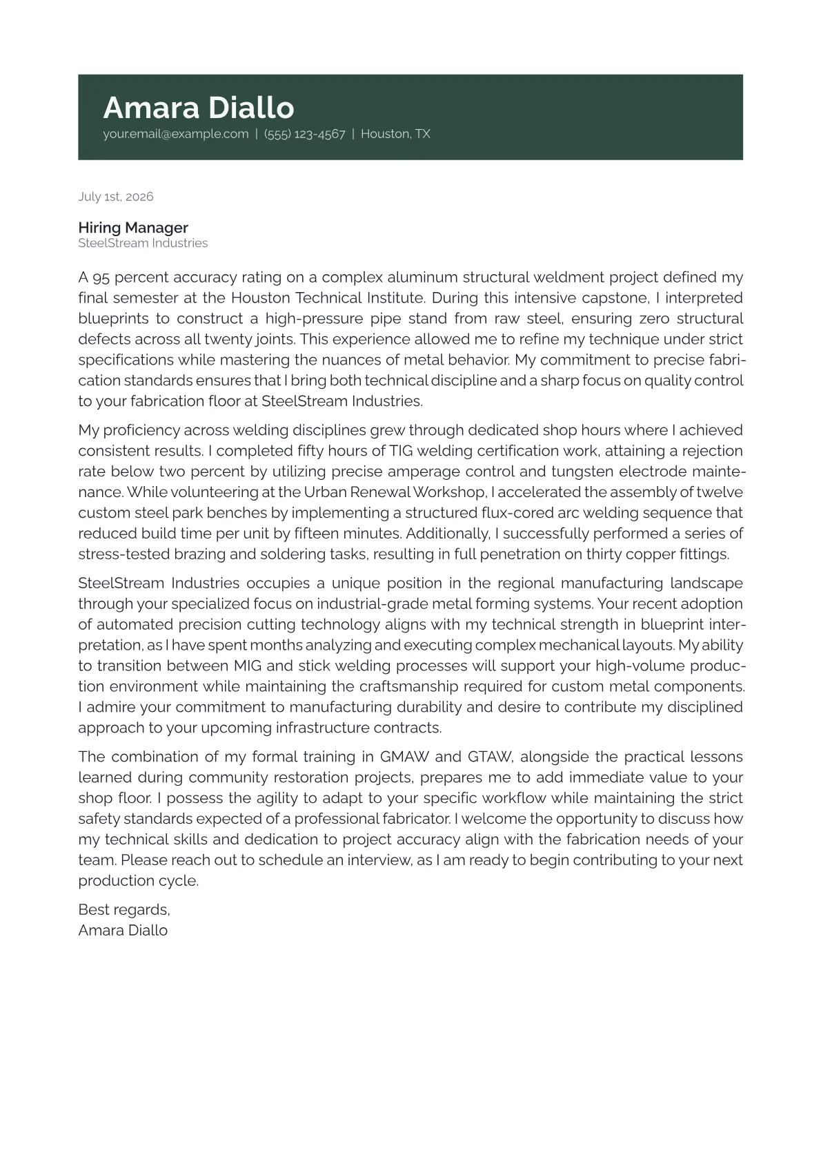 Fabricator cover letter in the Banner design