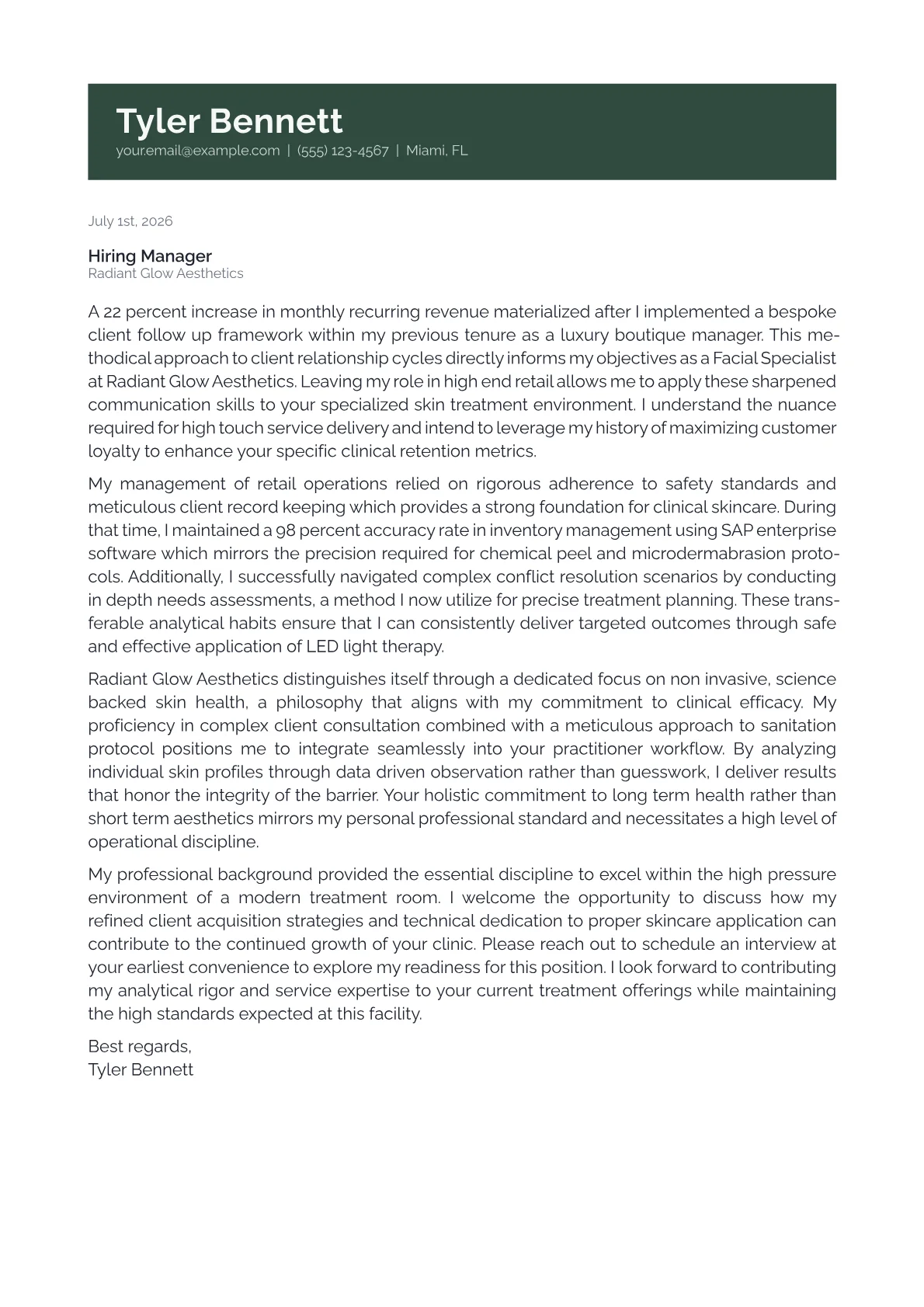 Facial Specialist cover letter in the Banner design