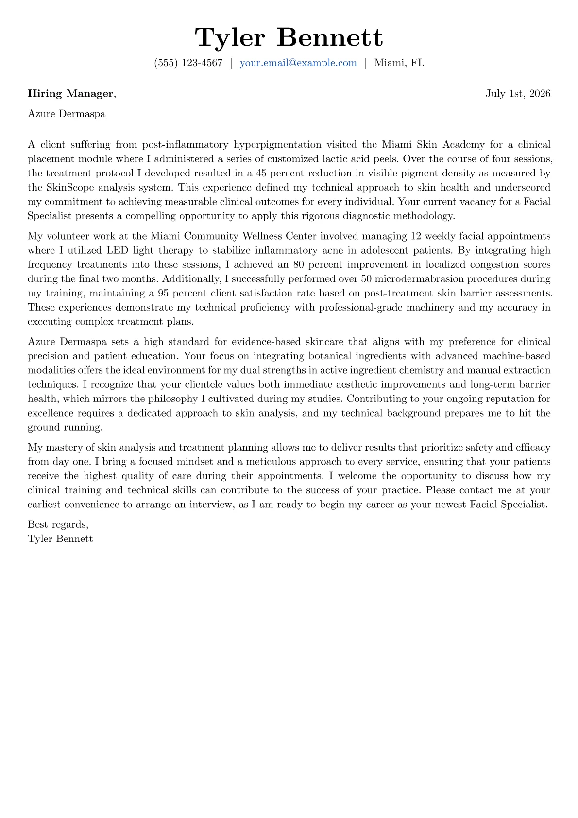 Facial Specialist cover letter in the Basic design