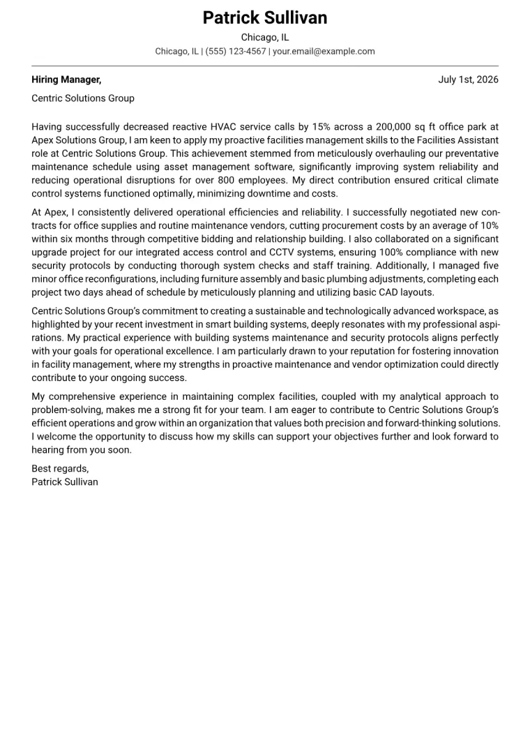 Facilities Assistant cover letter example preview
