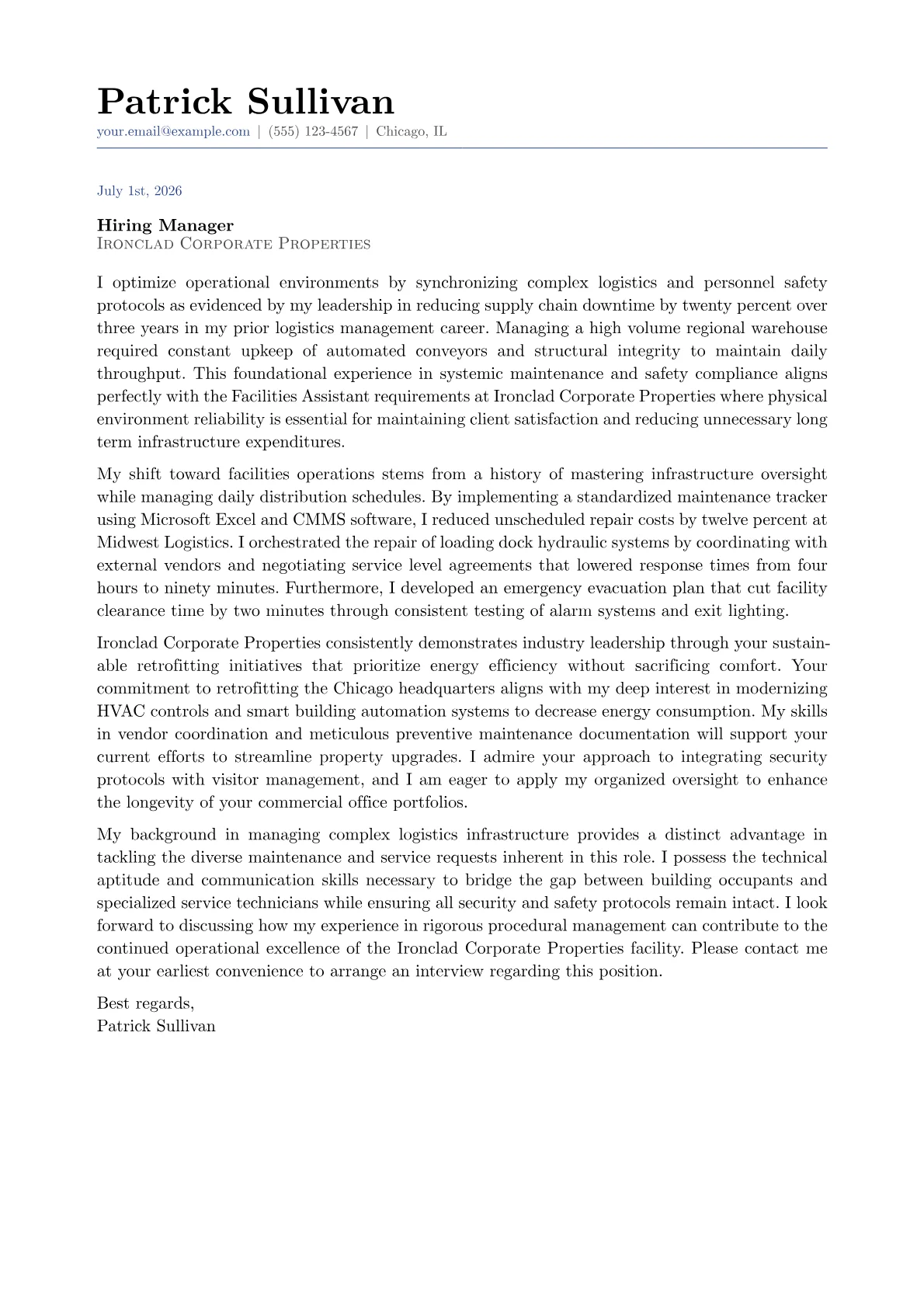 Facilities Assistant cover letter in the Classic design