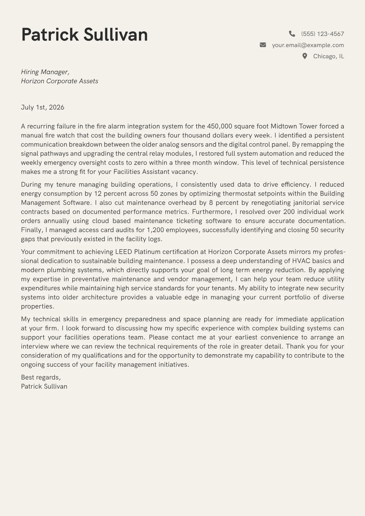 Facilities Assistant cover letter in the Creative design