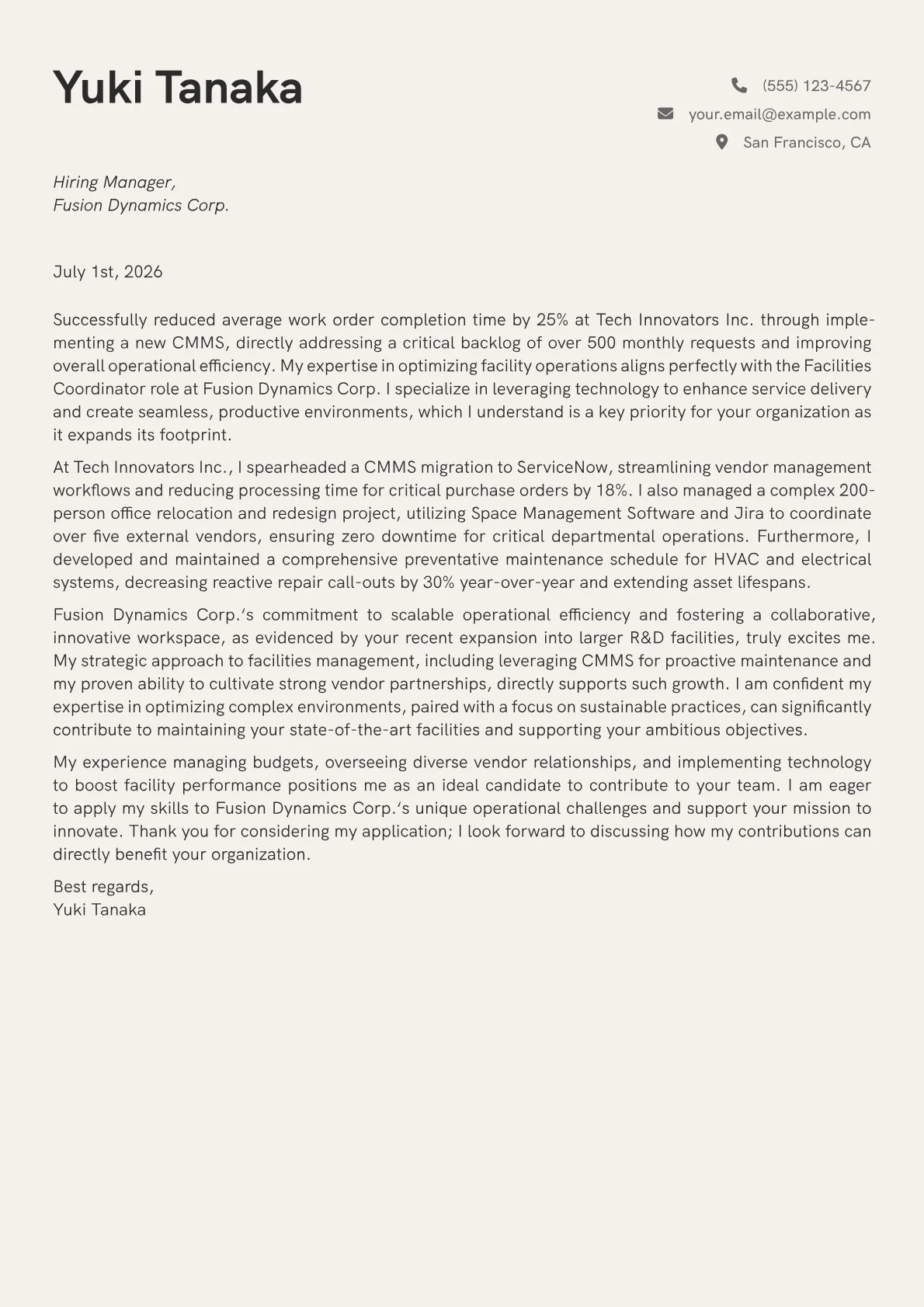 Facilities Coordinator cover letter formatted with a JobSprout template
