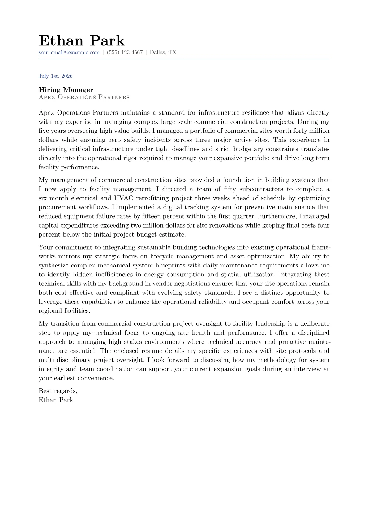 Facilities Director cover letter in the Classic design