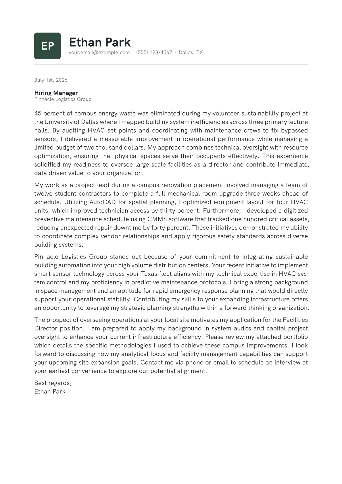 Facilities Director cover letter in the Emblem design