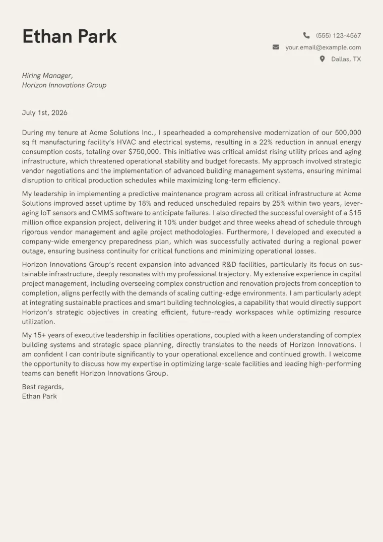 Facilities Director cover letter example