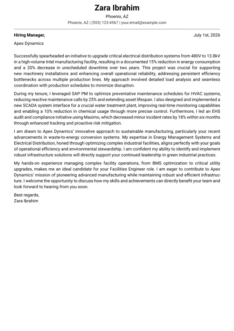 Facilities Engineer cover letter example