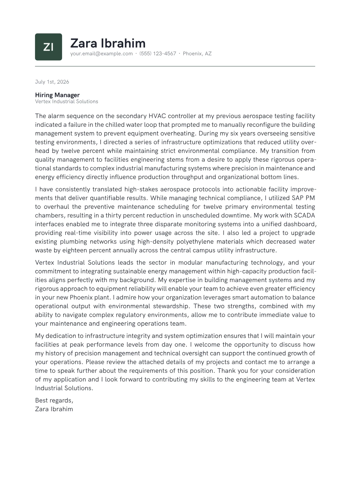 Facilities Engineer cover letter in the Emblem design