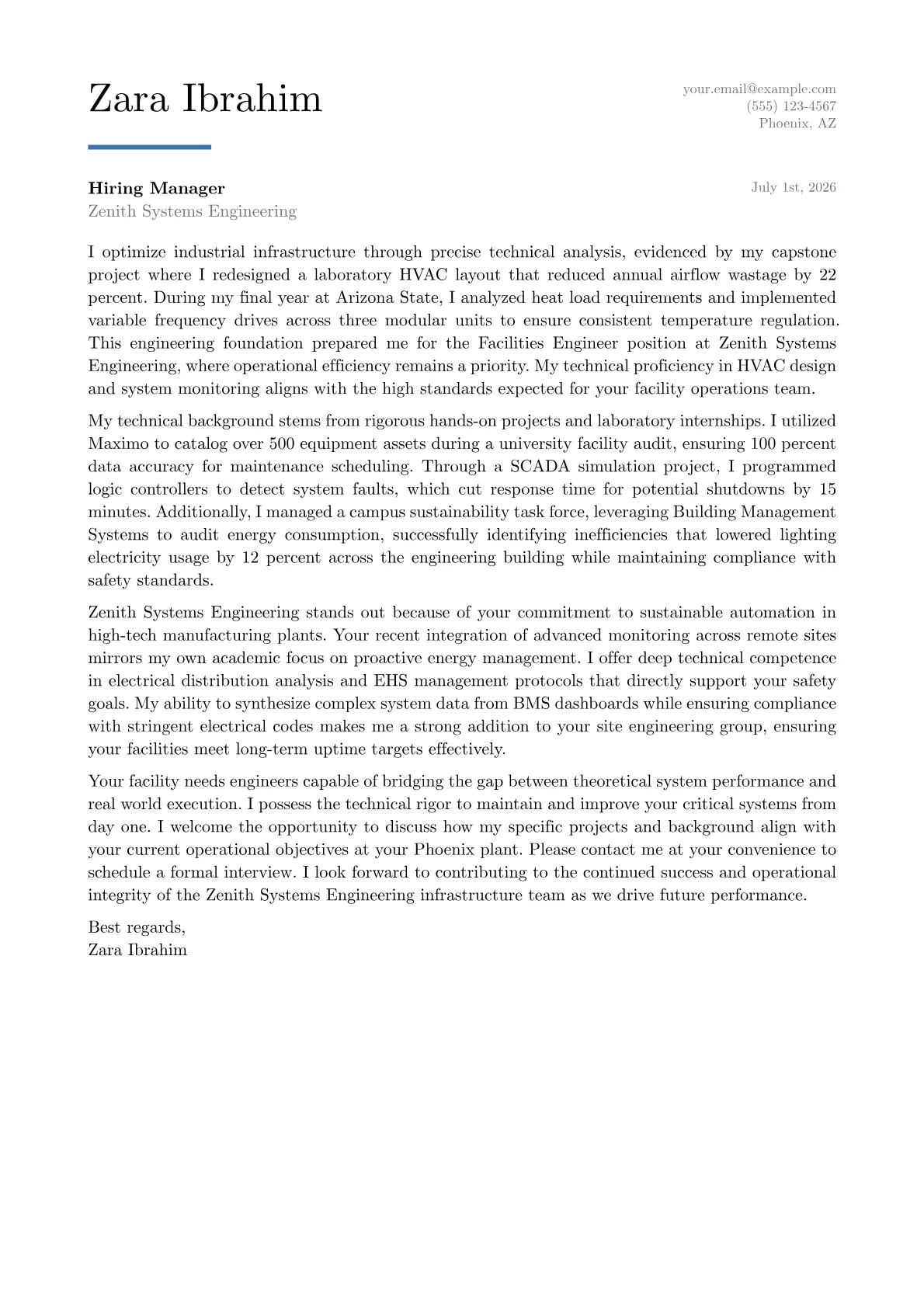 Facilities Engineer cover letter in the Executive design