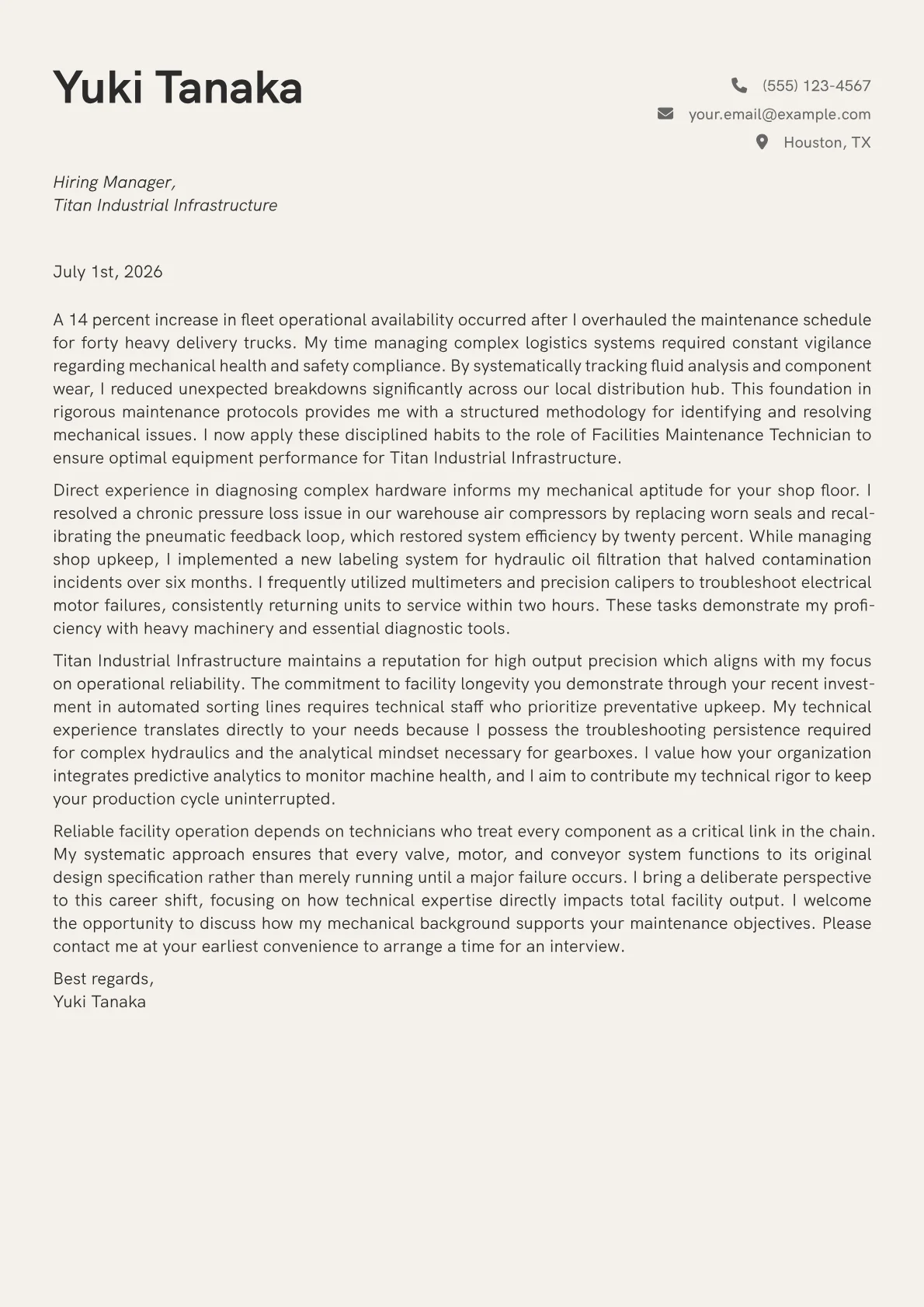 Facilities Maintenance Technician cover letter in the Creative design