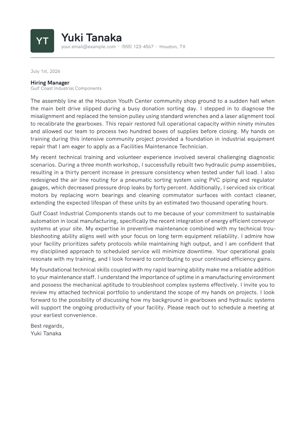 Facilities Maintenance Technician cover letter in the Emblem design
