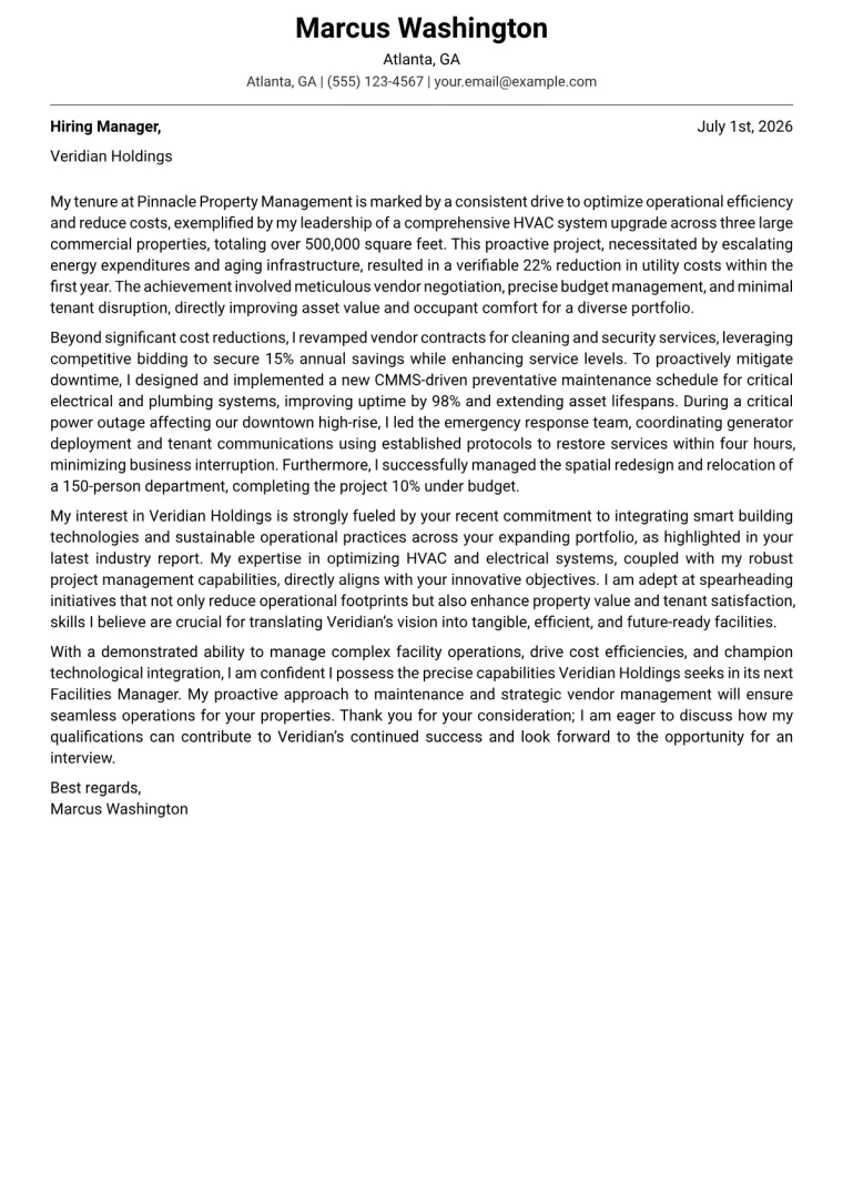 Facilities Manager Cover Letter Example