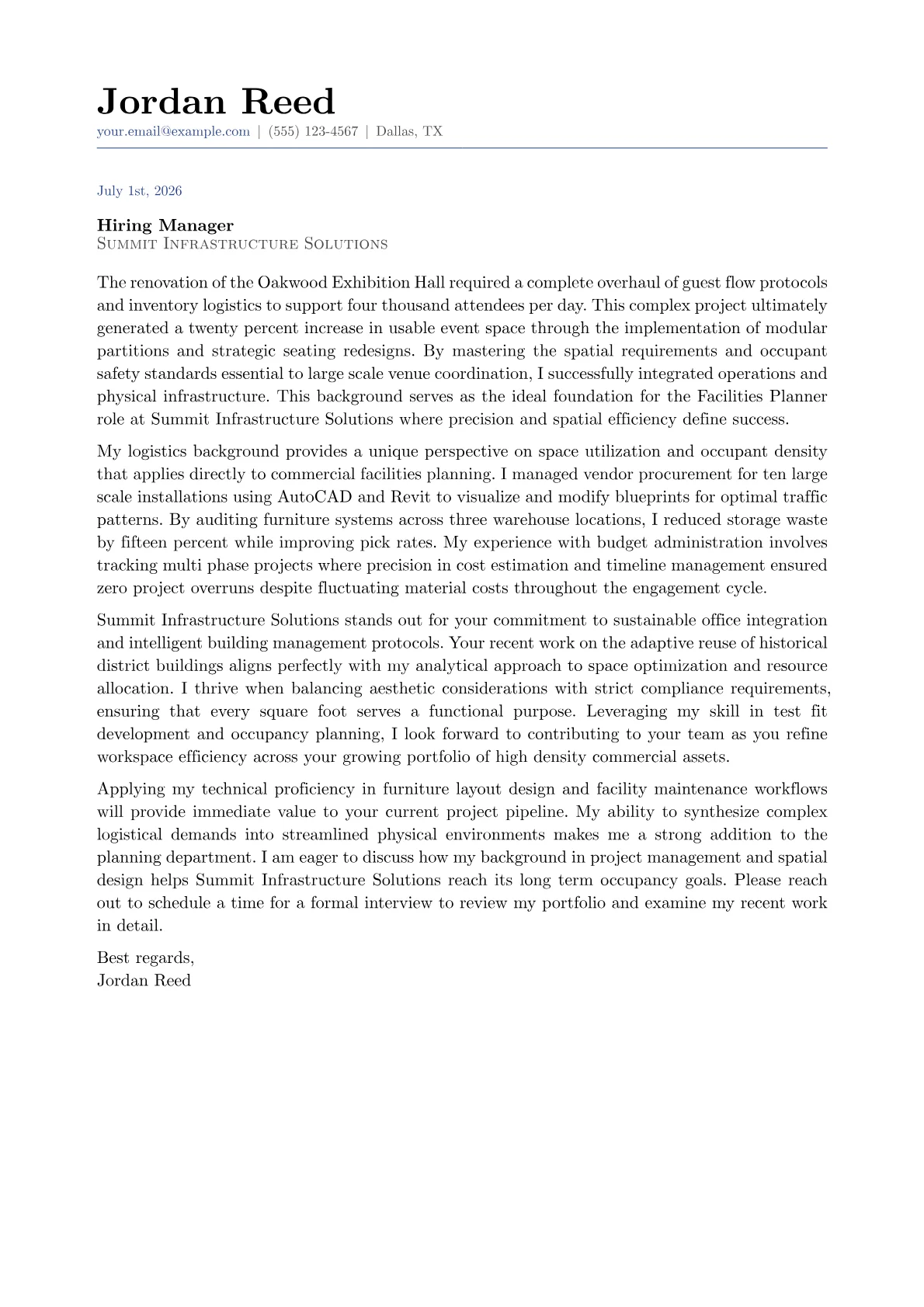 Facilities Planner cover letter in the Classic design