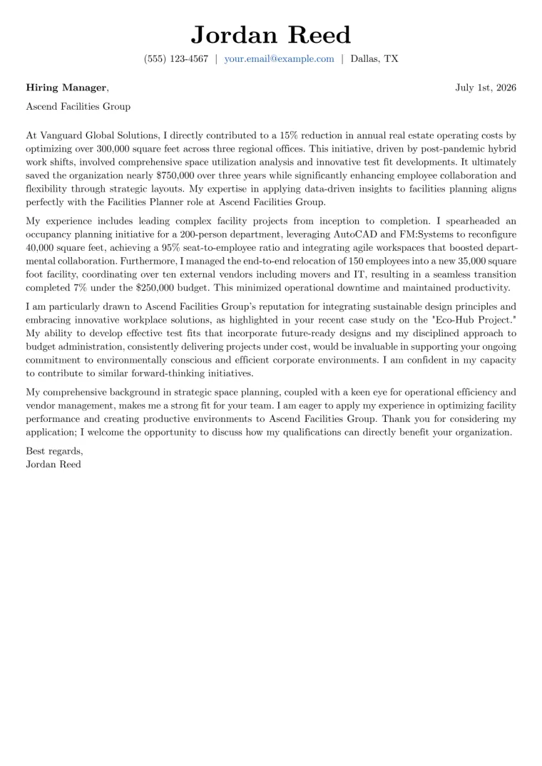 Facilities Planner cover letter example preview