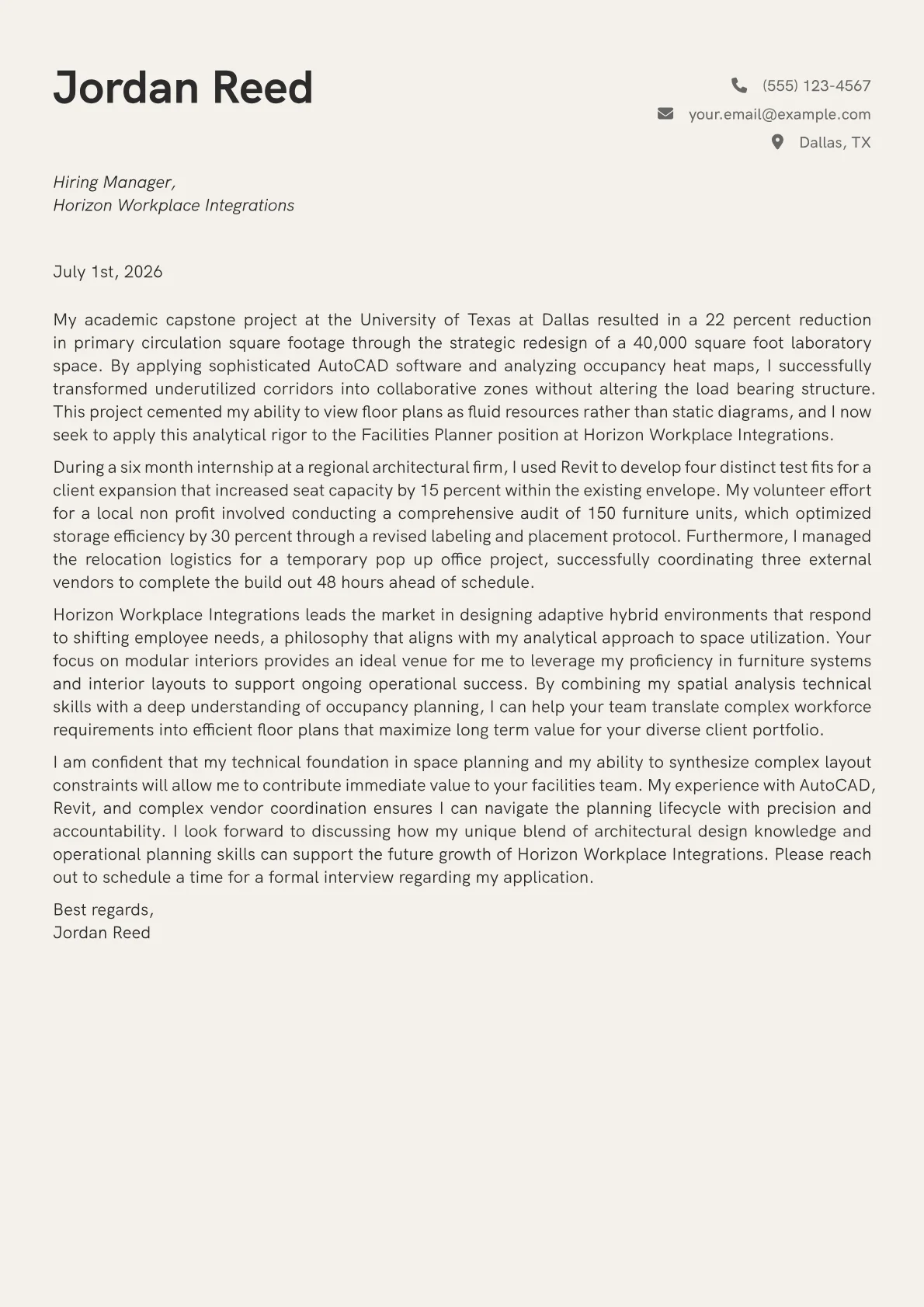 Facilities Planner cover letter in the Creative design