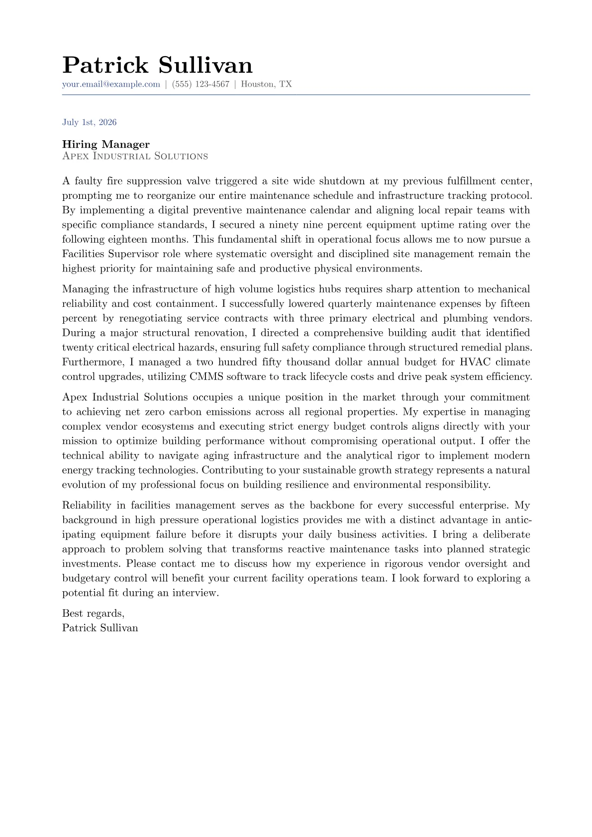 Facilities Supervisor cover letter in the Classic design
