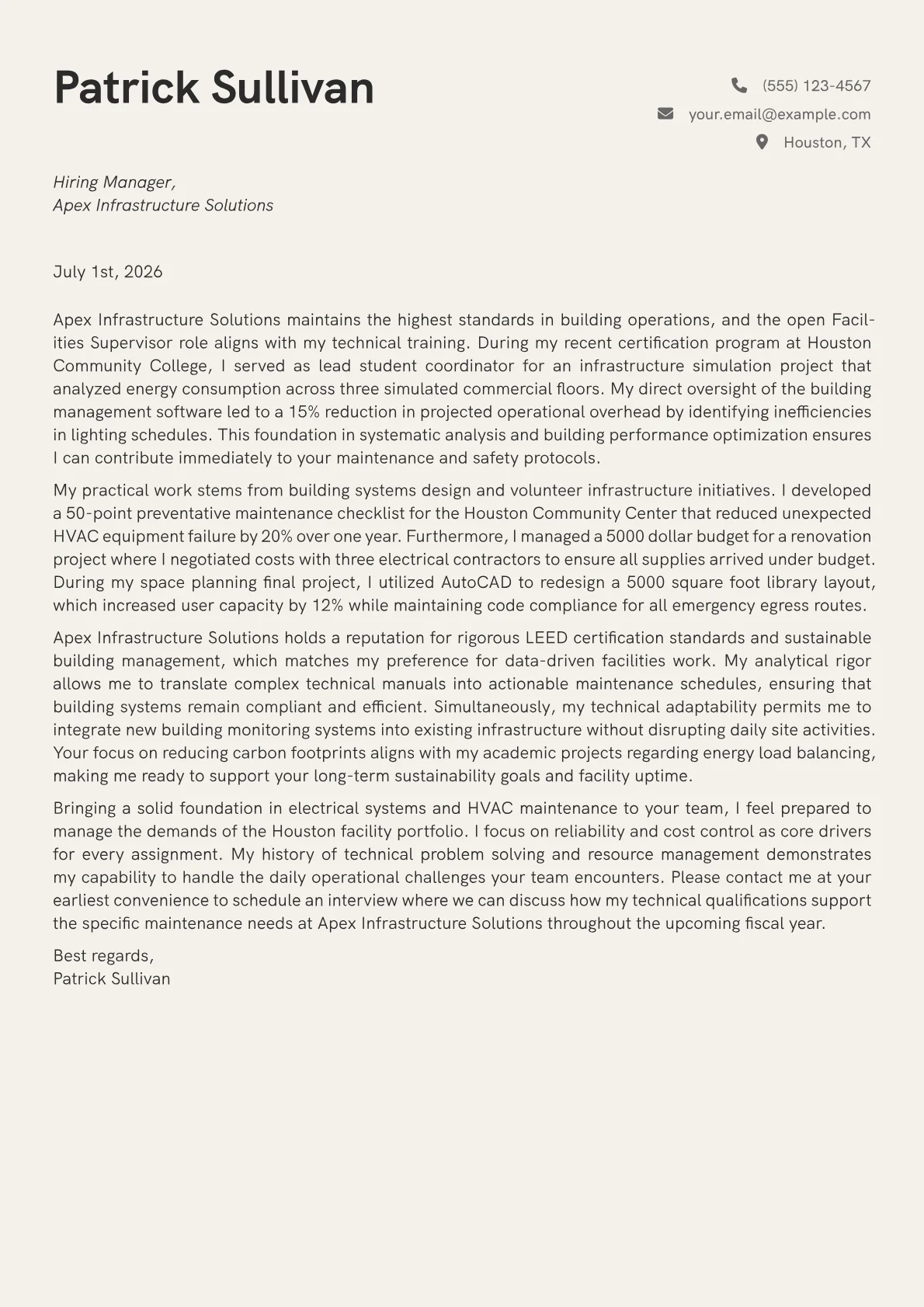 Facilities Supervisor cover letter in the Creative design