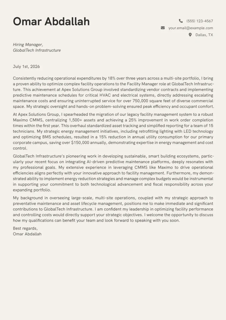 Facility Manager cover letter example preview