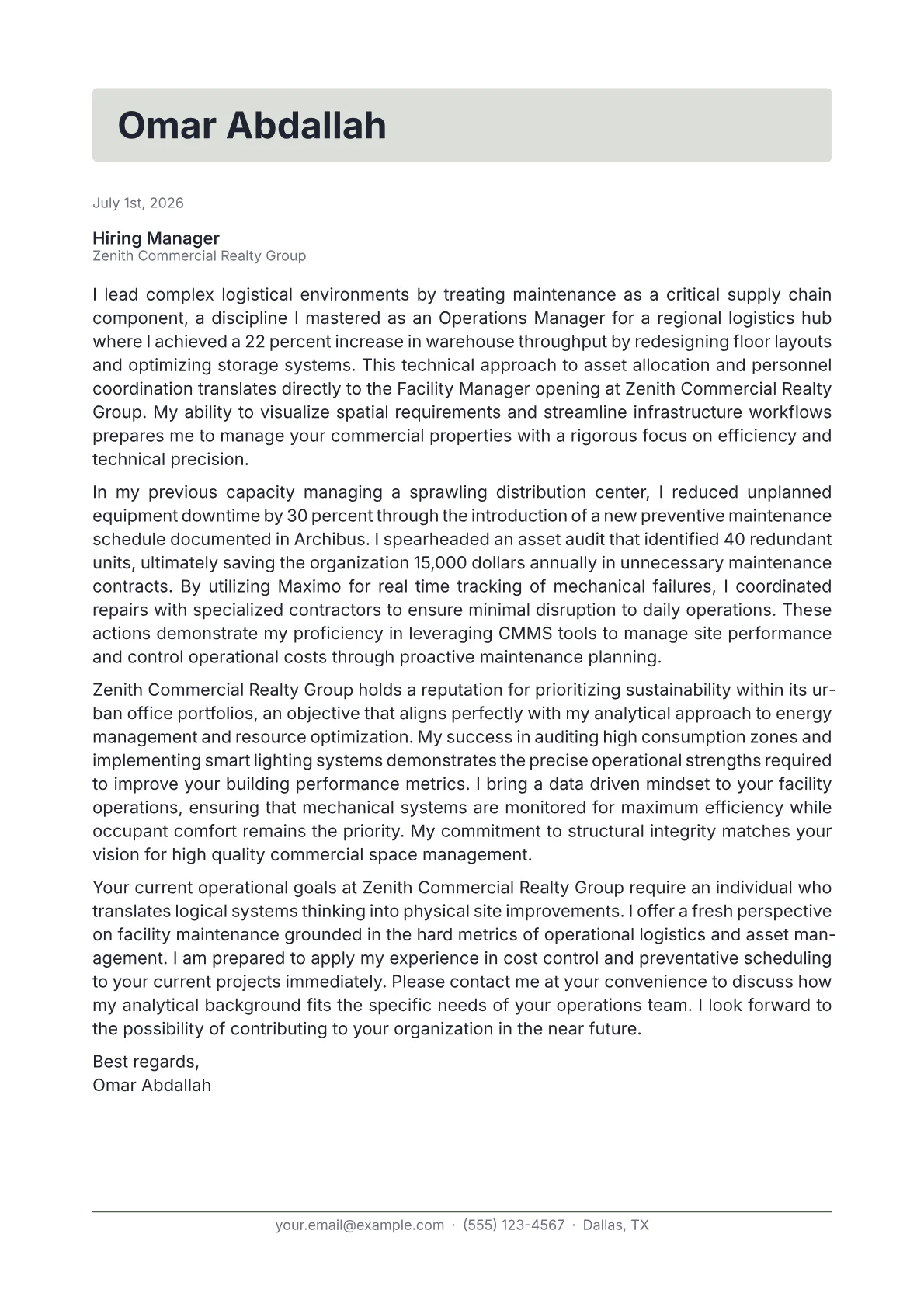 Facility Manager cover letter in the Letterhead design