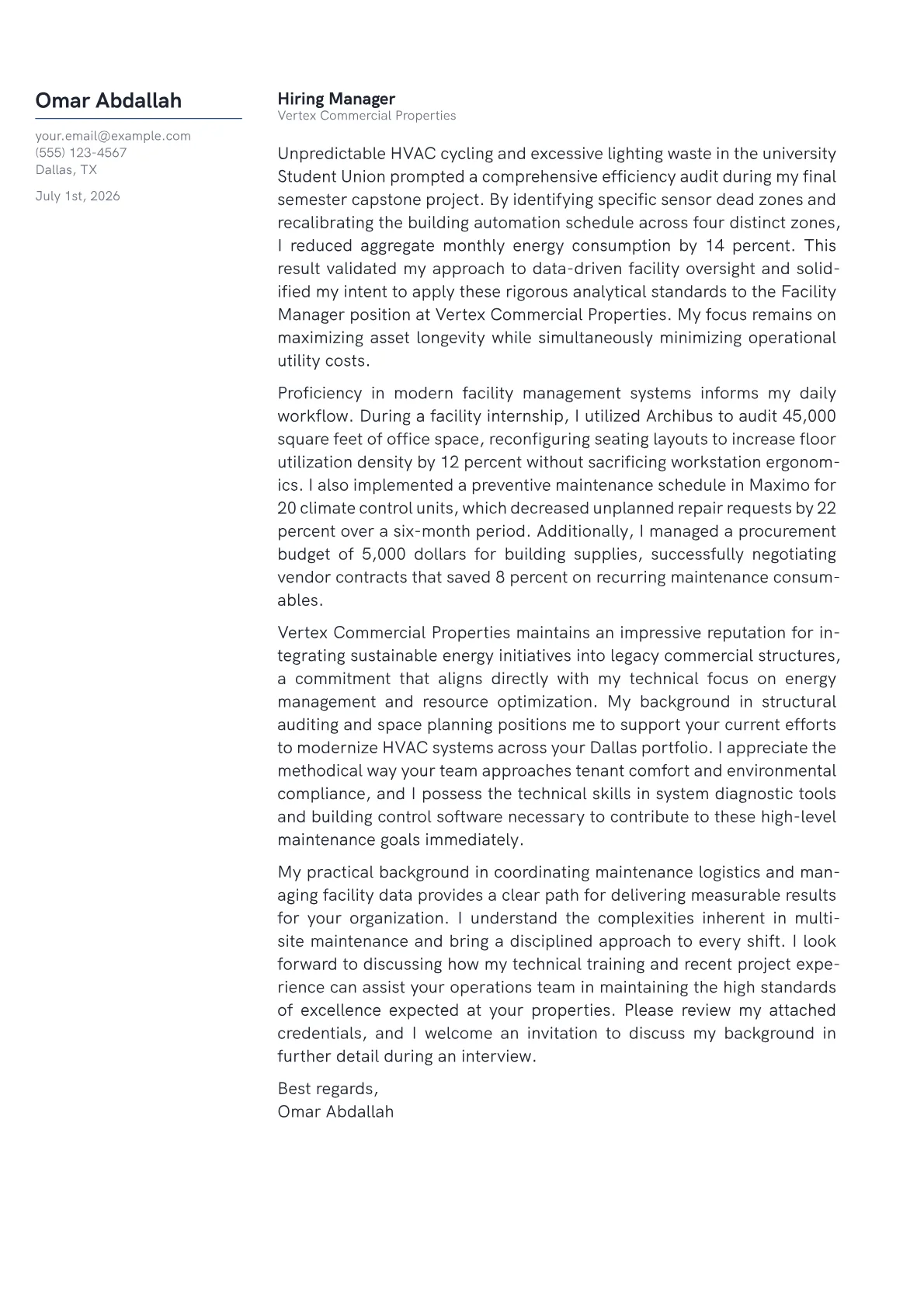Facility Manager cover letter in the Margin design