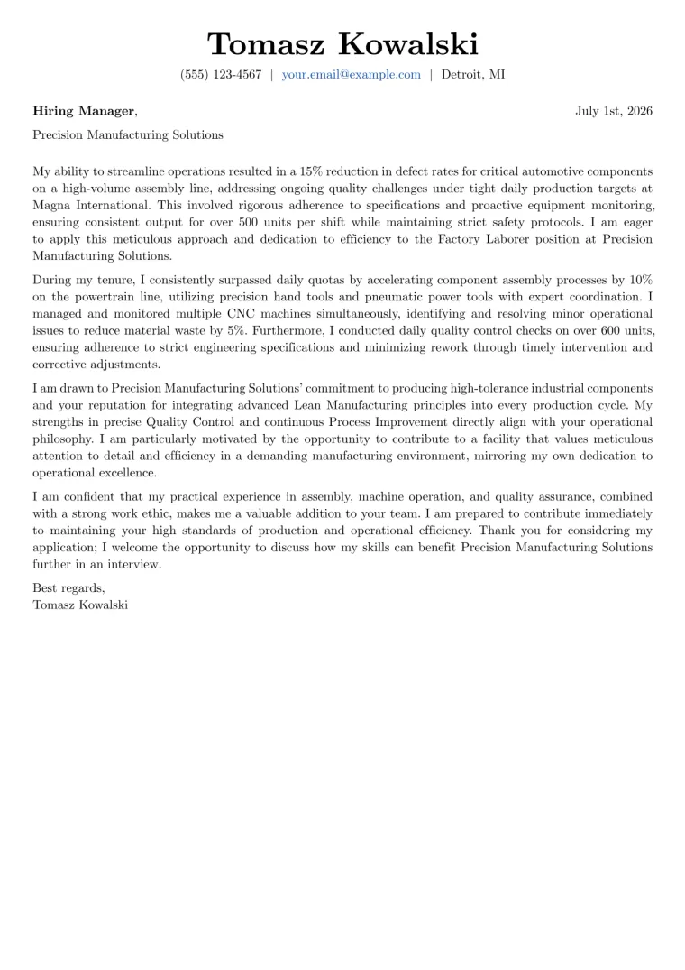 Factory Laborer cover letter example