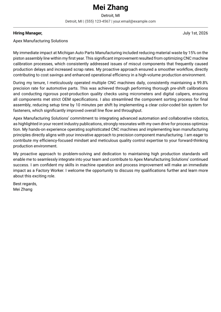 Factory Worker Cover Letter Example