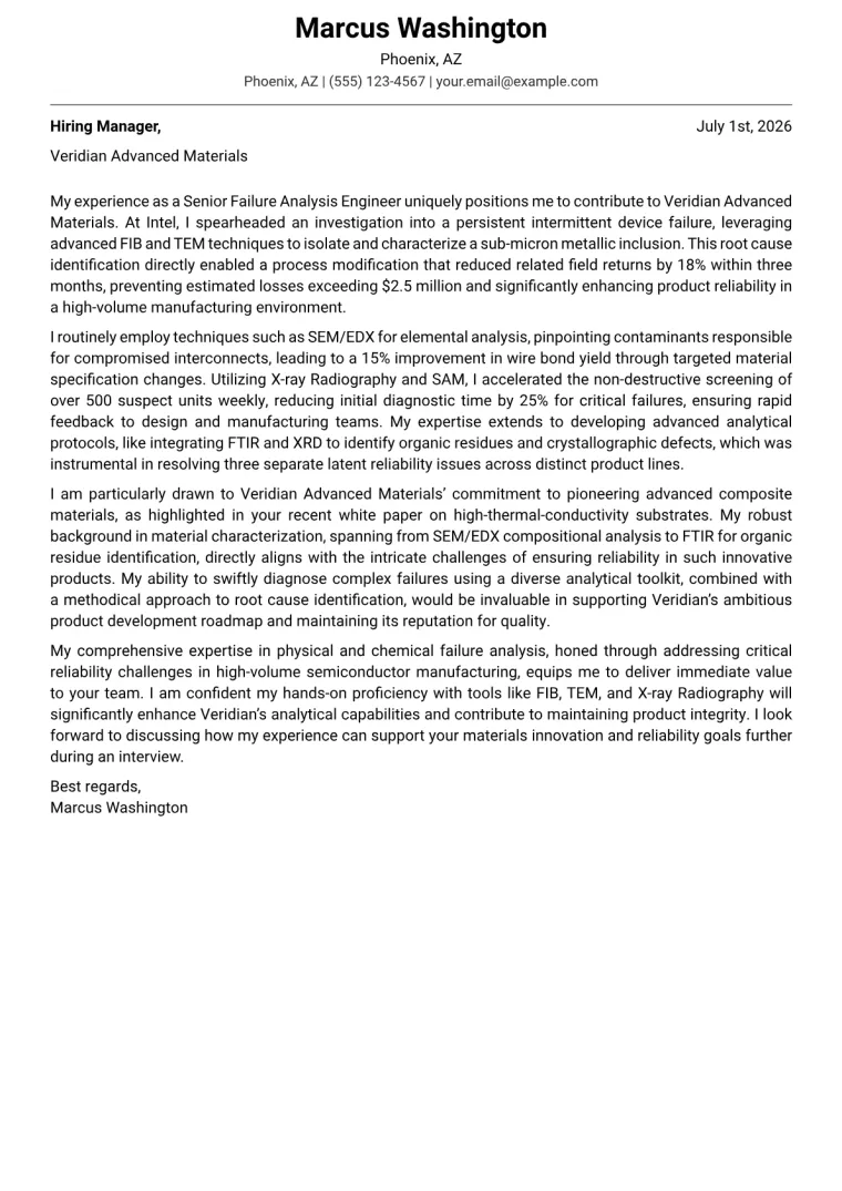 Failure Analysis Engineer cover letter example preview