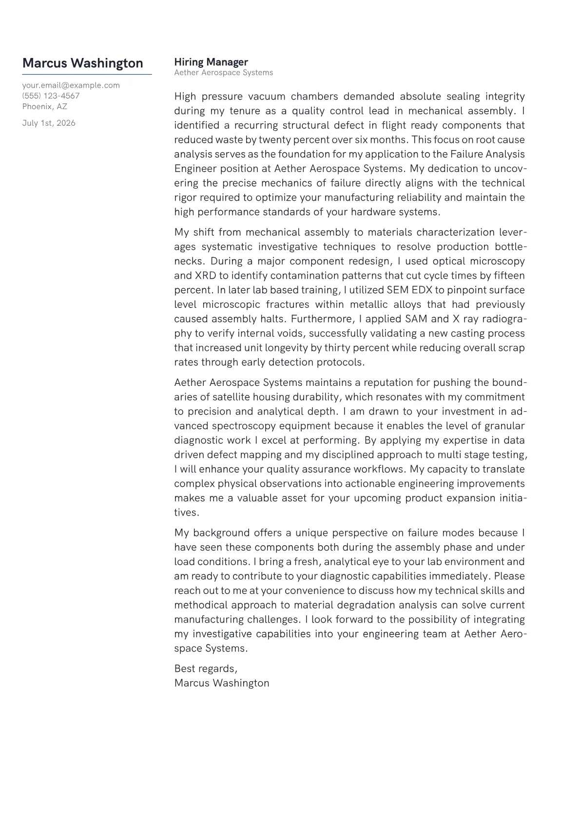 Failure Analysis Engineer cover letter in the Margin design