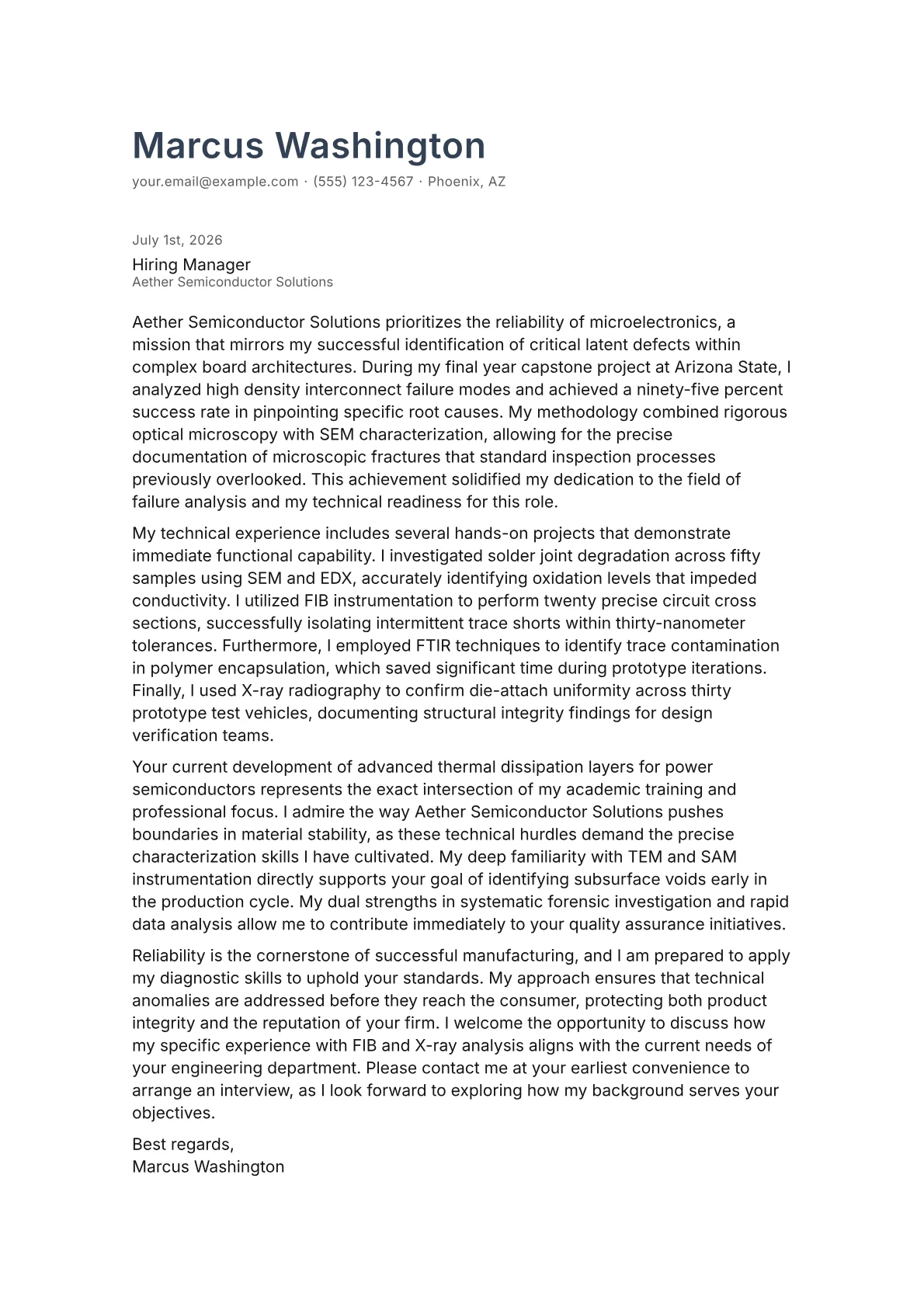 Failure Analysis Engineer cover letter in the Minimal design