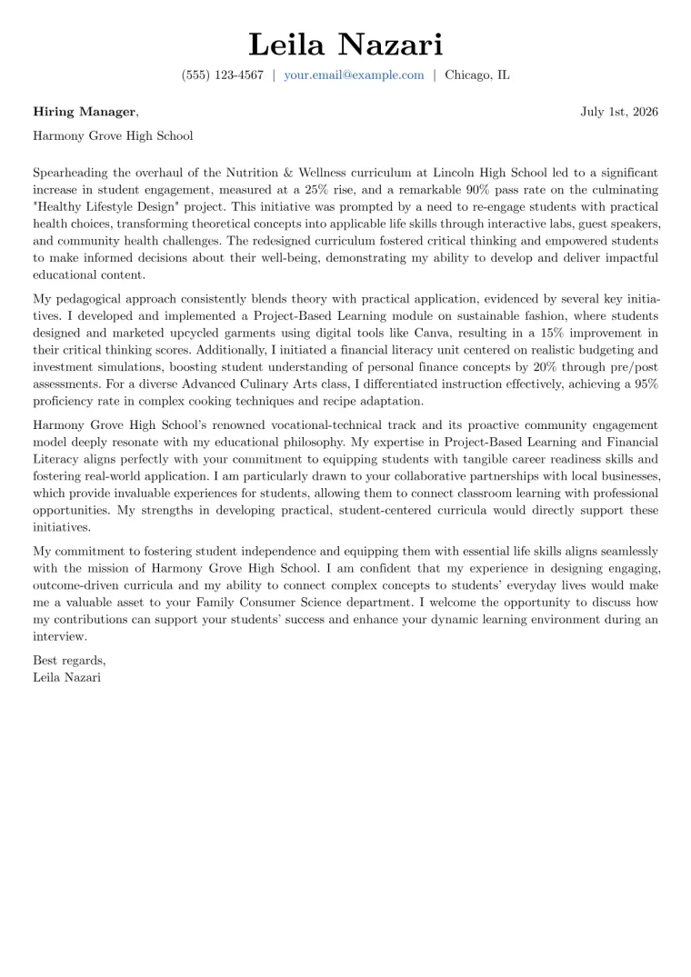 Family Consumer Science Teacher cover letter example preview