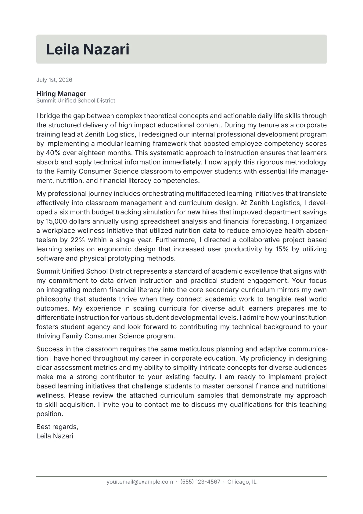 Family Consumer Science Teacher cover letter in the Letterhead design