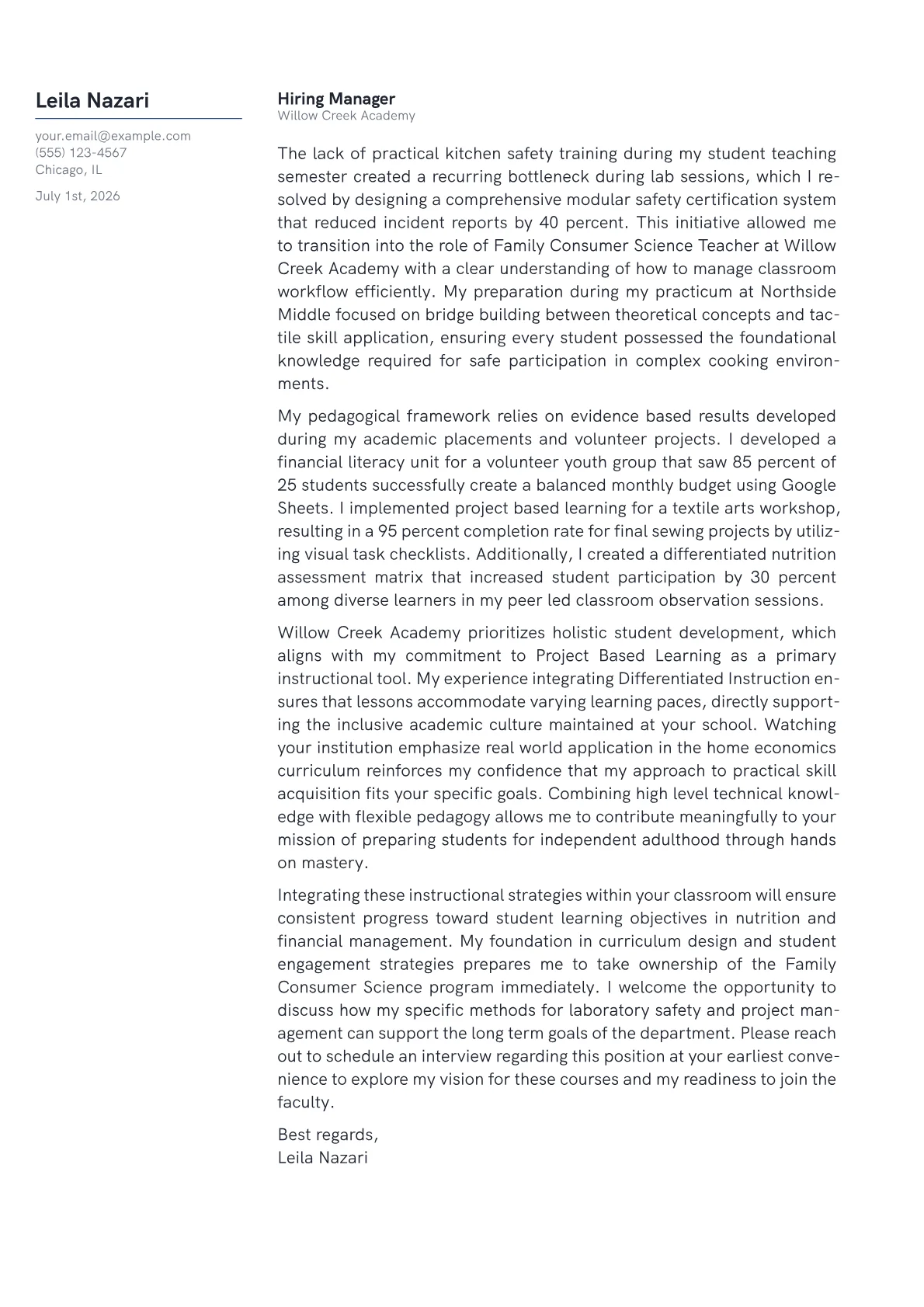 Family Consumer Science Teacher cover letter in the Margin design