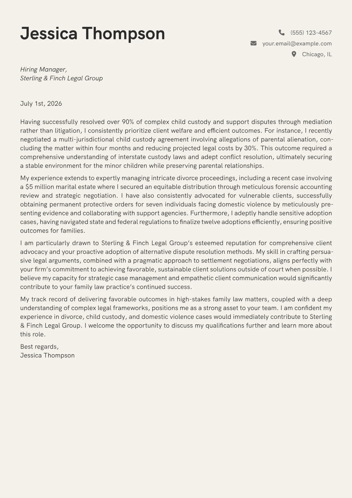 Family Law Attorney cover letter formatted with a JobSprout template