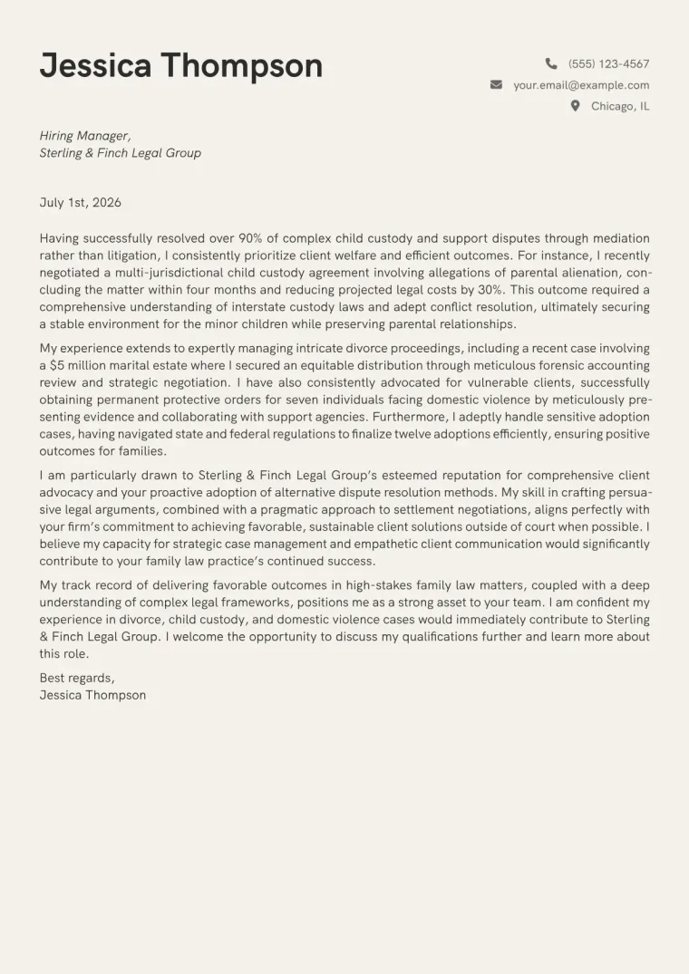 Family Law Attorney cover letter example preview
