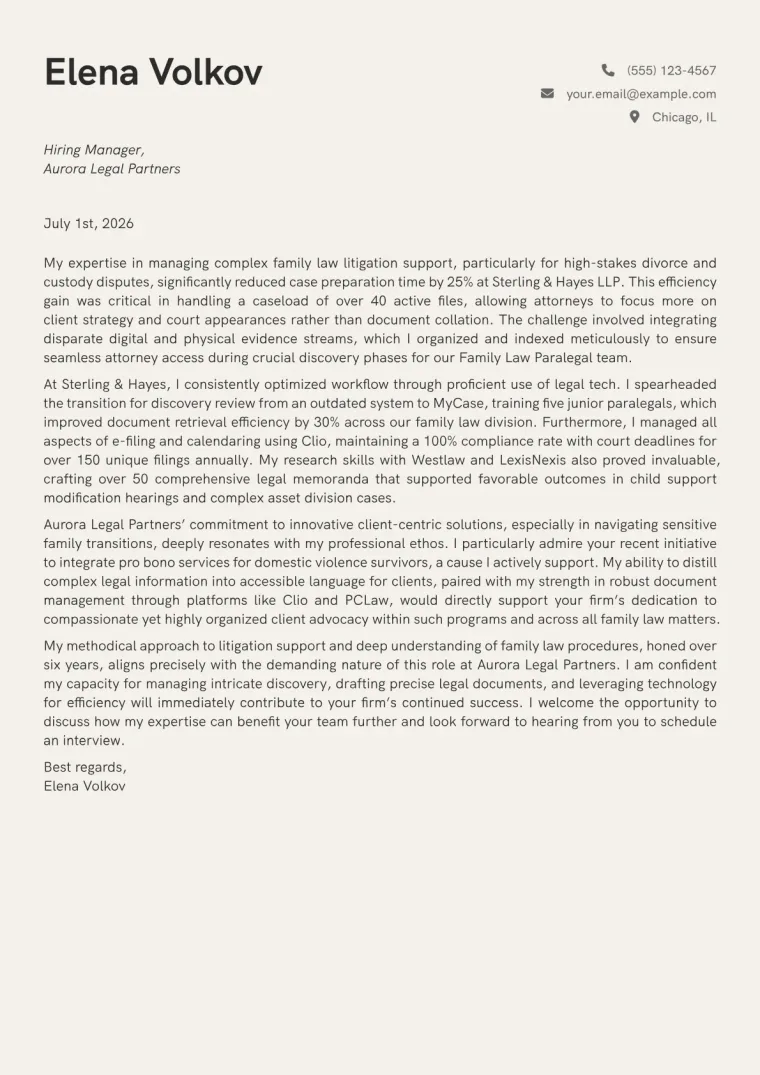 Family Law Paralegal Cover Letter Example