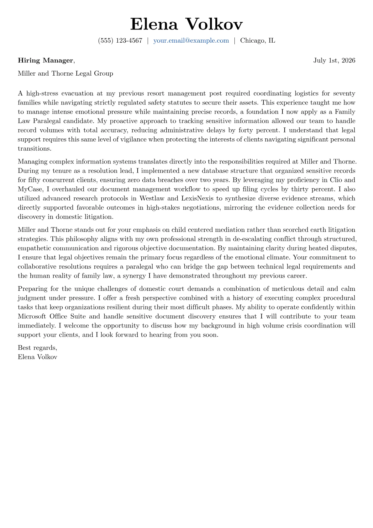 Family Law Paralegal cover letter in the Basic design
