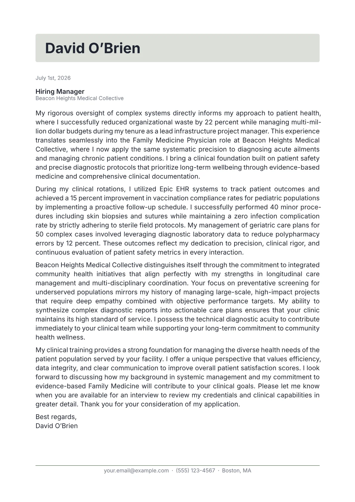 Family Medicine Physician cover letter formatted with a JobSprout template