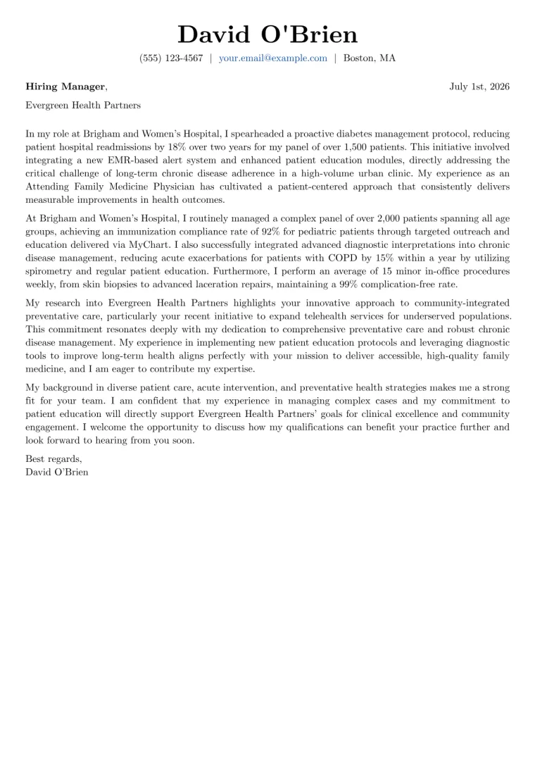 Family Medicine Physician Cover Letter Example