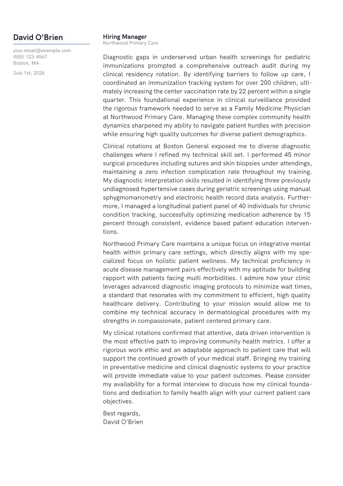 Family Medicine Physician cover letter formatted with a JobSprout template