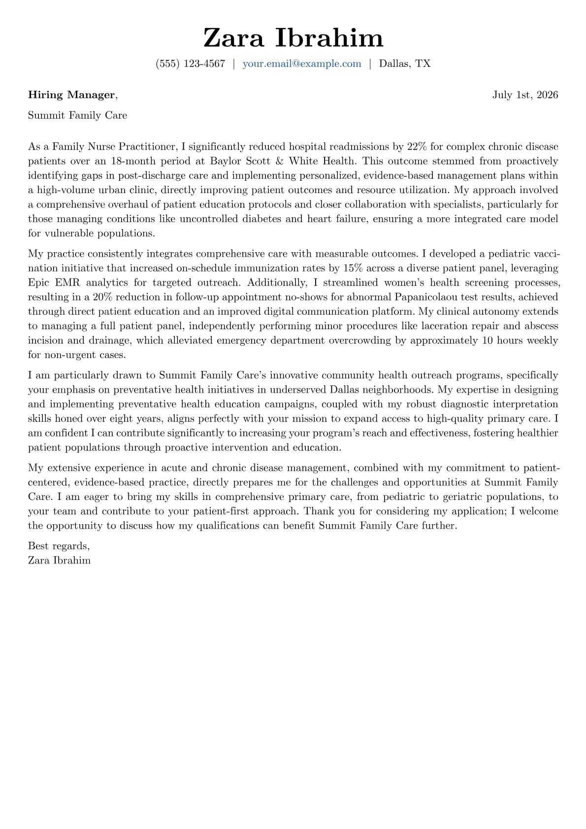 Family Nurse Practitioner cover letter formatted with a JobSprout template