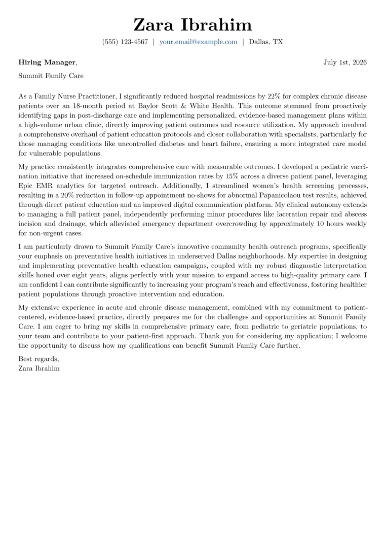 Family Nurse Practitioner cover letter example preview