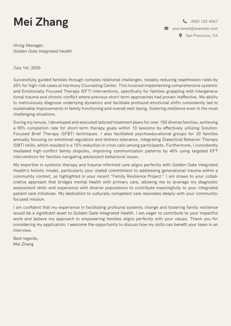 Family Therapist cover letter example preview